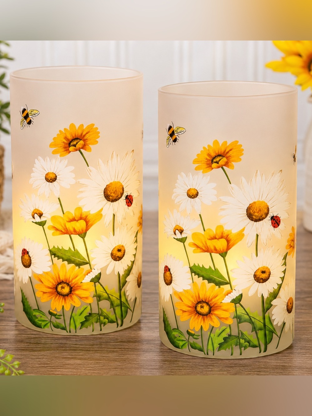 Valerie Parr Hill Illuminated Daisy Hurricane Set of 2 Floral LED Decor